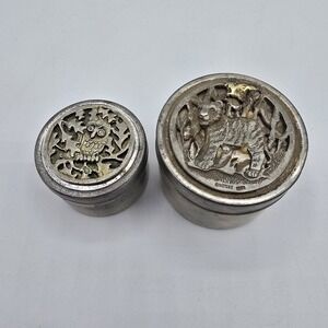 1970s Metzke Pewter Round Panther Lioness Owl Tiger Trinket Tin Box Small AS IS